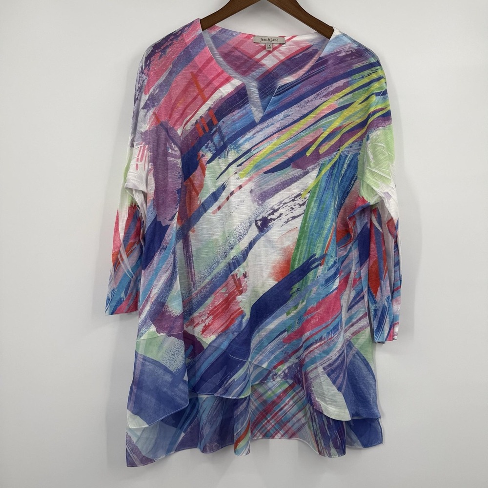 Jess & Jane Tunic Shirt Top Womens 1X Multicolor Striped V-Neck 3/4 Sleeve‎